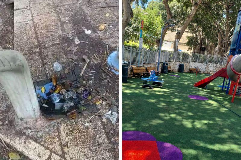 גן המשחקים לפני ואחרי הניקיון | צילום: שירות רדיו חיפה, באדיבות העירייה